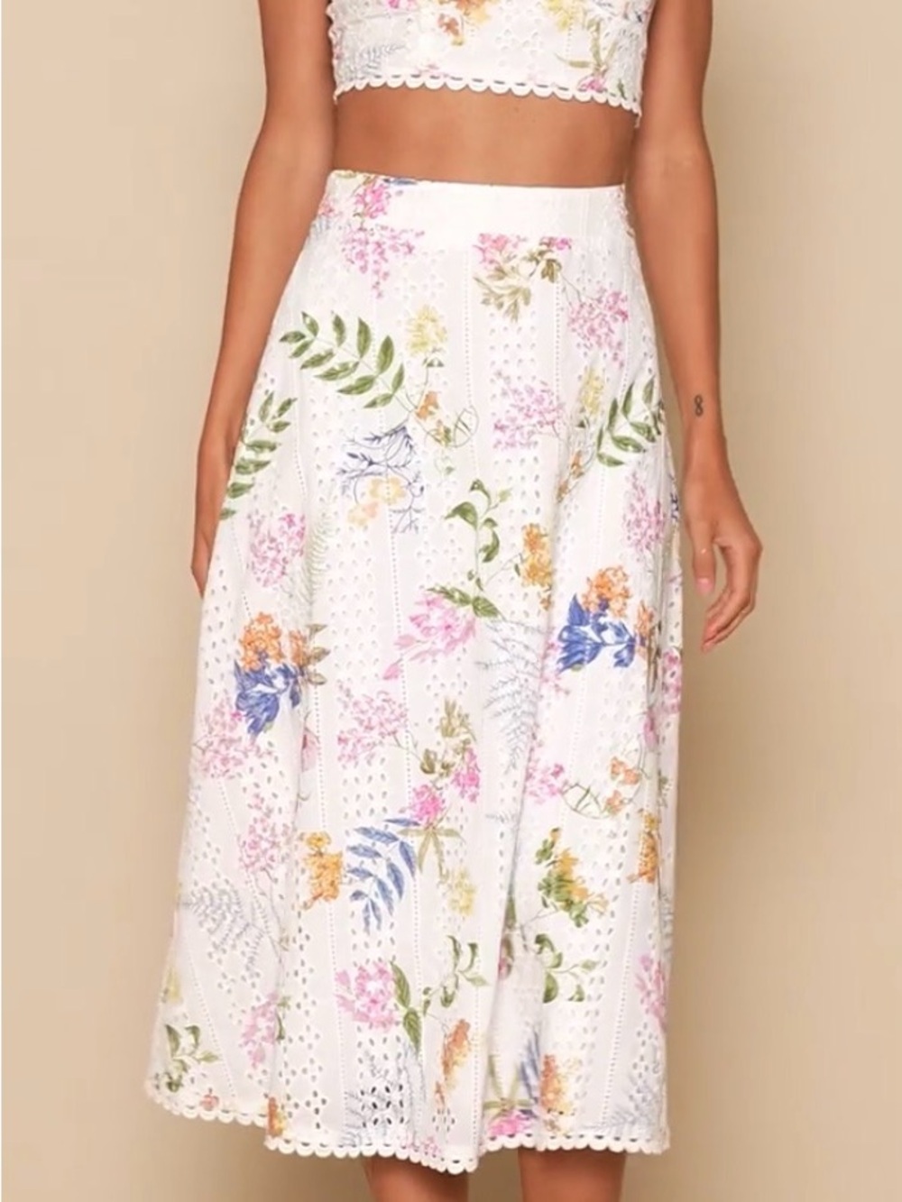 Lulus 2  piece Floral Eyelet Midi Skirt - White with Multicolor Floral
